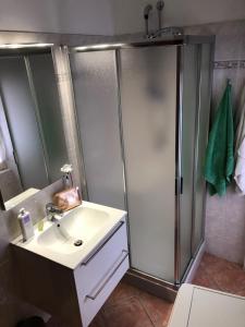 a bathroom with a shower and a white sink at da Susanna in Perticara