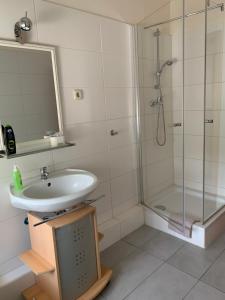 ein Bad mit einem Waschbecken und einer Dusche in der Unterkunft Hotel am Freihafen in Duisburg
