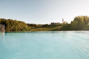 a large pool of blue water with trees in the background at Landgut am Pößnitzberg in Leutschach