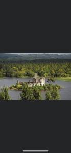 an island with a castle in the middle of a river at Lough Key Luxury Riverfront Apartment in Cootehall