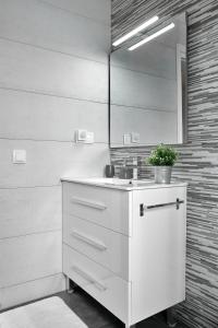 a white bathroom with a sink and a mirror at Apartamento El Coso in Logroño