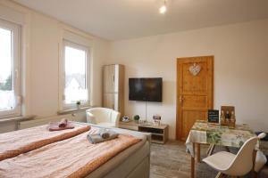 a bedroom with two beds and a tv and a table at Haus Schulze in Braunlage