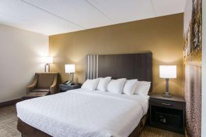 a large bed in a hotel room with two lamps at Clarion Pointe Jamestown - Falconer in Jamestown