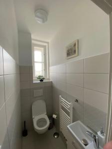 a white bathroom with a toilet and a sink at Apartman Xaveriova in Prague
