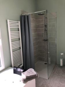 bagno con doccia e porta in vetro di Maison moderne avec jardin à 750m de la mer a Pornic