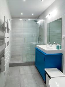 ein Badezimmer mit blauem Waschbecken und Dusche in der Unterkunft Entre Midi - Maison d'Hôtes - B&B in Capestang + 73 Fotos