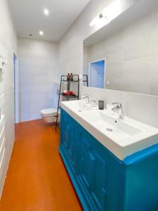 Łazienka z toaletą i umywalką w kolorze niebieskim i białym w obiekcie Entre Midi - Maison d'Hôtes - B&B w mieście Capestang
