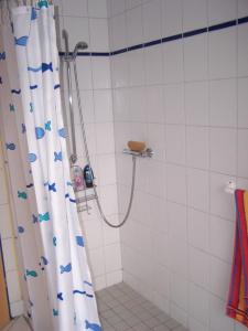 a shower with a shower curtain with blue stars on it at Ferienwohnung Mauer, Wohnung "C" in Heede