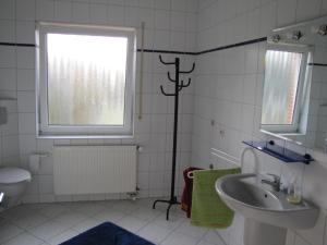 a bathroom with a sink and a toilet and a window at Ferienwohnung Mauer, Wohnung "C" in Heede