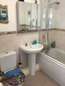 a bathroom with a sink and a toilet and a shower at Vista Room with a Sea View in Paignton