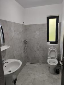 a bathroom with a sink and a toilet and a window at Pensiunea Teodora in Moisei +46 photos