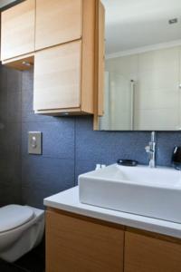 a bathroom with a white sink and a toilet at City Center Luxury Apartment in Reykjavík