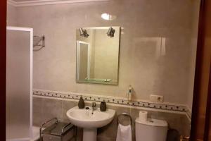 ein Badezimmer mit einem Waschbecken, einem WC und einem Spiegel in der Unterkunft Piso Vilavella in Redondela