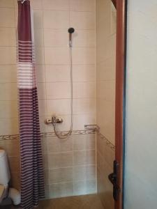 a shower with a shower curtain in a bathroom at Къща за гости УЮТ с. Жеравна in Zheravna