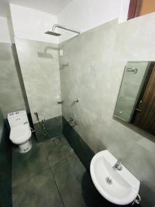 a bathroom with a sink and a toilet and a mirror at Hotel Meridian Palace in Kannur