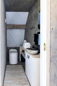 a bathroom with a toilet and a sink at Haltia Lake Lodge nature boutique hotel & glamping in Espoo