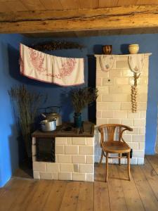 a kitchen with a stove and a wooden chair at Chałupa łowicka z XIX wieku in Zduny