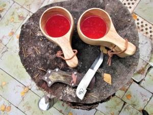 ein Paar Schuhe und ein Messer auf einem Stein in der Unterkunft Scandinavian Dream Cottages Vikajarvi- Rovaniemi in Vikajärvi