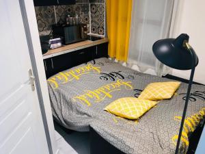 a bedroom with a bed with yellow and black pillows at Le Nid Abbevillois in Abbeville