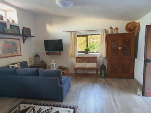 sala de estar con sofá azul y ventana en Casa el Porte, en Tegueste