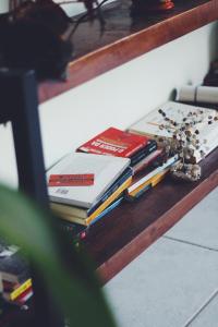 a pile of books sitting on a table with a cat at Paradise Hostel e Flats in Itatiaia