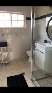 a bathroom with a shower and a toilet and a sink at Montrose in Apple Tree Creek