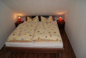 Ce lit se trouve dans un dortoir doté de 2 lampes sur 2 tables. dans l'établissement Ferienwohnung Schmidt, à Braunlage