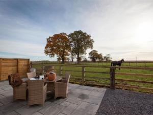 a patio with a table and chairs and a horse in a field at Deerholme Cottage in Malton
