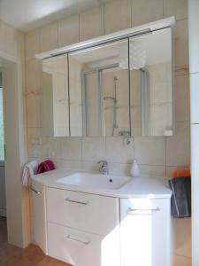 La salle de bains est pourvue d'un lavabo blanc et d'un miroir. dans l'établissement Komfortable Ferienwohnung "Vier Linden", ruhige dörfliche Lage, 20 min zur Küste, à Kirch Mulsow