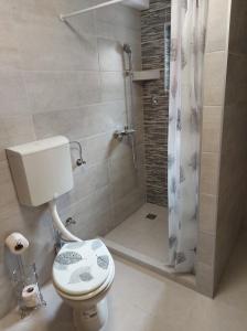 La salle de bains est pourvue d'une douche et de toilettes. dans l'établissement New apartment Old town with free parking, à Sarajevo