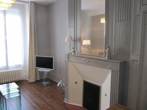 a living room with a fireplace and a television at Suite Sainte Anne in Beaumont-sur-Sarthe