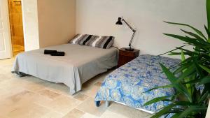 une chambre avec un lit, une lampe et une plante dans l'établissement T-2est 46m dons la maison au bord du Canal du Midi, à Saint-Hilaire-de-Lusignan
