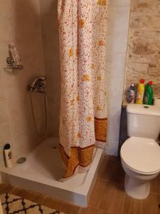 y baño con aseo y cortina de ducha. en John' s House in Omodos en Limassol