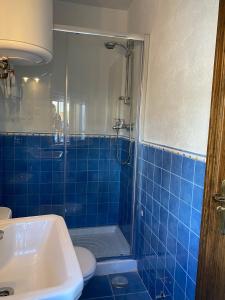 a blue tiled bathroom with a shower and a sink at Casa Tijeras I in Sotillo de las Palomas