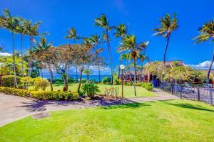 a park with palm trees and grass and the ocean at Kuleana Resort 209 in Kahana
