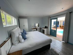 1 dormitorio con 1 cama y puerta que da a un patio en BlueSky Arniston Guest House, en Arniston