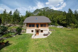 a small house in the middle of a field at Apartments and rooms Kravanja in Trenta