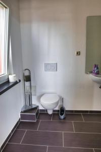 een witte badkamer met een toilet en een wastafel bij Alte Segelschule in Lübeck