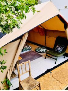 a tent with a chair and a bench in it at The Jungle Tent in Carbis Bay