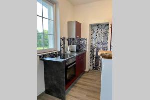 a kitchen with a black counter and a window at Das Nest, wo der Name Programm ist in Dahlem