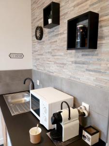 a kitchen with a counter with a microwave and a sink at Superbe studio 15 m²,proche Disney, Asterix, CDG in Gressy