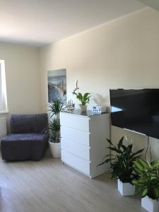 een woonkamer met potplanten en een flatscreen-tv bij Ferienwohnung Schauf 2 in Dahme