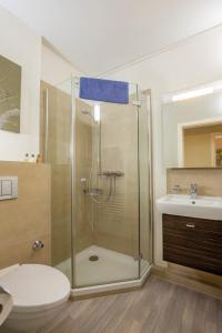 ein Bad mit einer Dusche, einem WC und einem Waschbecken in der Unterkunft ancora Marina Haus 1 Nr 03, Typ 1 in Neustadt in Holstein