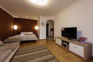 a living room with a bed and a flat screen tv at Тиха та комфортна квартира in Ternopilʼ