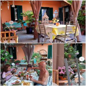 a collage of two pictures of a family eating at a table at Cà D' Rot - Casa Ratti in Vinchio