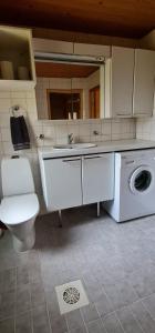 a bathroom with a toilet and a sink and a washing machine at Rukan HonkaLempi in Ruka