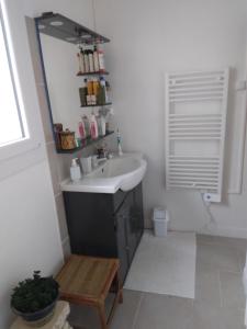 La salle de bains est pourvue d'un lavabo et d'un miroir. dans l'établissement chambre d'hôte dans maison privée, à Périgueux