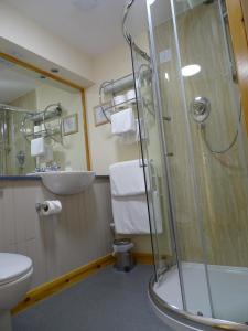 a bathroom with a shower and a toilet and a sink at The Sands Hotel, Orkney in Burray Village
