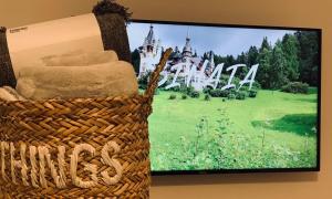 a wicker basket sitting in front of a television at Vita Bella Sinaia in Sinaia