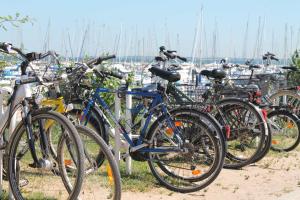 un grupo de bicicletas estacionadas junto a un puerto deportivo en Ferienhaus Sonne Mond und Sterne b, en Steffenshagen